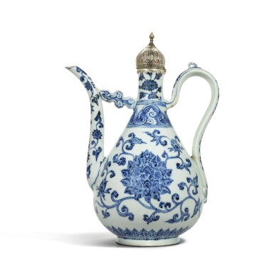 View full screen - View 1 of Lot 45. A rare blue and white 'lotus' ewer, Ming dynasty, Yongle period |明永樂 青花纏枝蓮紋執壺.