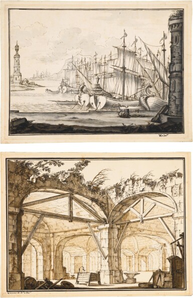 View full screen - View 1 of Lot 123. VINCENZO DAL RE | TWO STAGE DESIGNS: A) GALLEONS AT ANCHOR NEAR A TOWER B) A SMITHY IN THE RUINS OF A CELLAR.