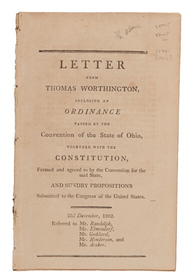 View full screen - View 1 of Lot 171. Ohio | The earliest obtainable edition of the first Constitution of State of Ohio.