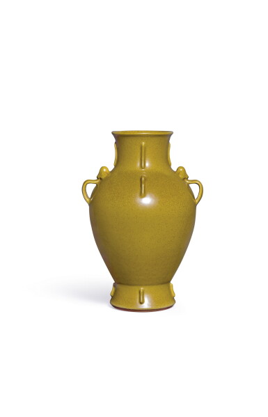 View full screen - View 1 of Lot 3644. A fine and rare 'eel-skin' glazed vase, hu, Seal mark and period of Qianlong | 清乾隆 鱔魚黃釉出戟如意雙繫壺 《大清乾隆年製》款.