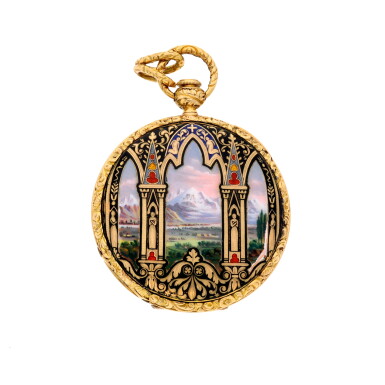 View full screen - View 1 of Lot 181. A lady's gold and polychrome enamel hunting cased quarter repeating cylinder watch Circa 1850, no. 31642.