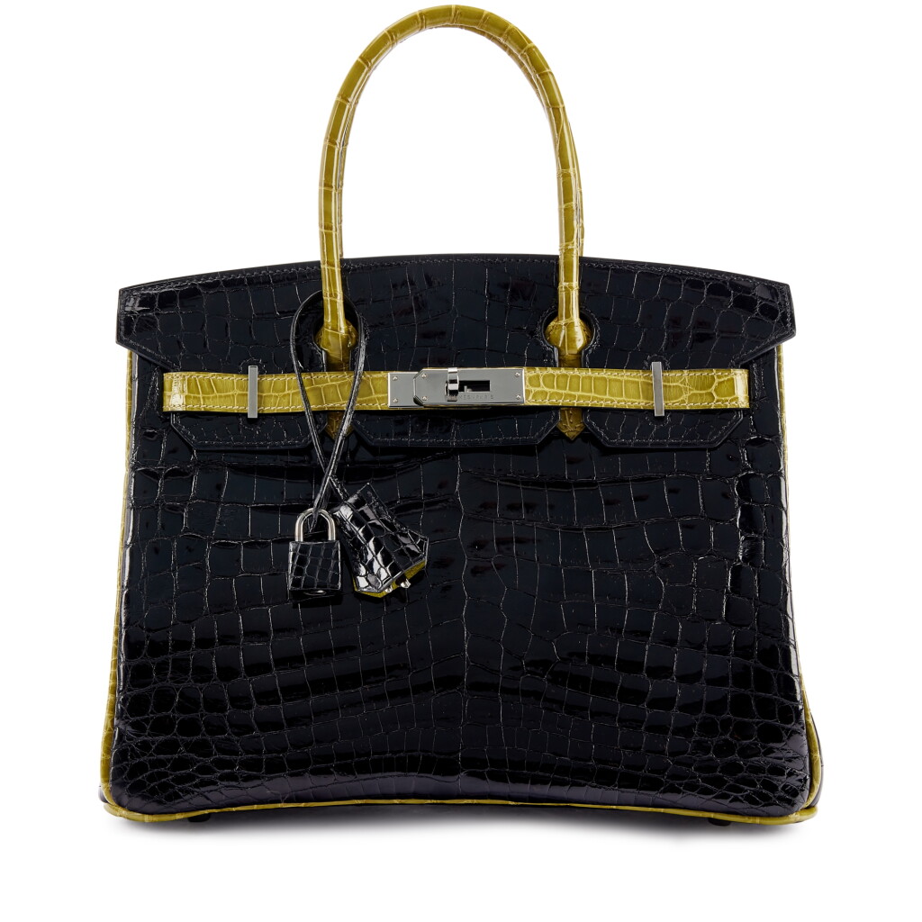 View full screen - View 1 of Lot 9766. Important Private Collection: Black and Vert Chartreuse Shiny Niloticus Crocodile Custom Birkin 30 Ruthenium Hardware, 2004.