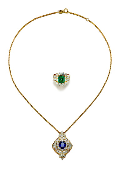 View full screen - View 1 of Lot 9189. EMERALD AND DIAMOND RING; AND SAPPHIRE AND DIAMOND PENDENT NECKLACE | 祖母綠 配 鑽石 戒指; 及 藍寶石 配 鑽石 項鏈.