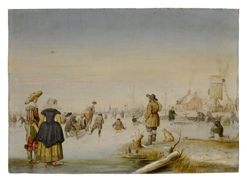 View full screen - View 1 of Lot 27. Figures skating on a frozen lake with an elegant couple in the foreground.
