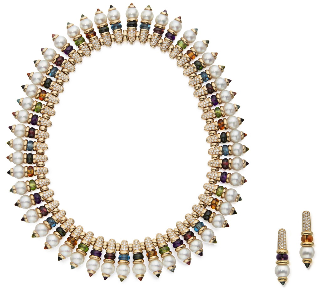 View full screen - View 1 of Lot 397. GOLD, GEM-SET AND CULTURED PEARL 'CELTAURA' NECKLACE, BULGARI AND PAIR OF EARCLIPS.