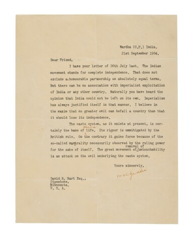 View full screen - View 1 of Lot 1227. Gandhi, Mohandas Karamchand (Mahatma) | "no greater evil can befall a country than that it should lose its independence.".