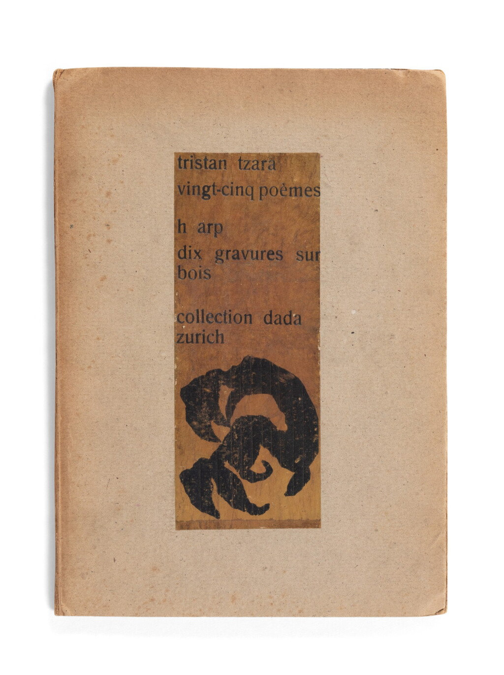View full screen - View 1 of Lot 167. Vingt-cinq poèmes, 1918. Broché, sur alfa. Bois de Arp. Envoi de Tzara au catalan Josep Maria Junoy..