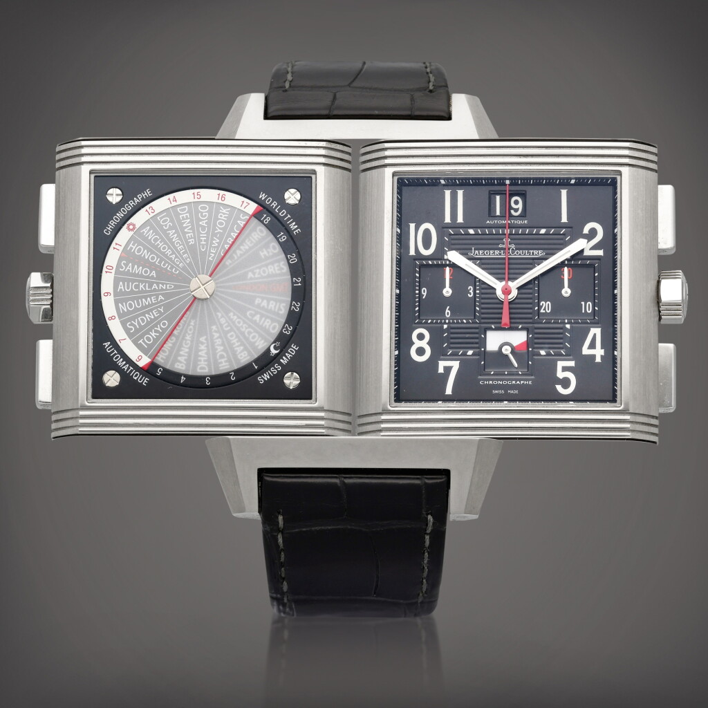 View full screen - View 1 of Lot 319. Reference 702T470 Reverso Squadra | A limited edition titanium automatic reversible chronograph world time wristwatch with date and Day/Night indication, Circa 2009.