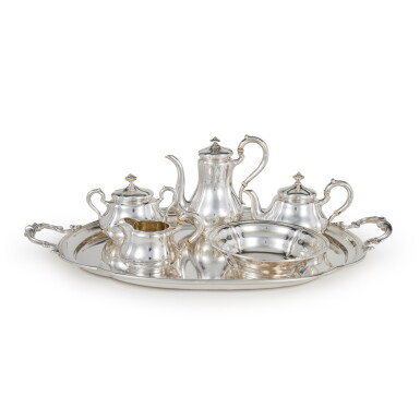 View full screen - View 1 of Lot 721. A Russian Silver Five Piece Tea and Coffee Set with Matching Tray, Sazikov, Moscow, 1865.