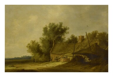 View full screen - View 1 of Lot 257. ATTRIBUTED TO PIETER DE NEYN | A WOODED LANDSCAPE WITH A COTTAGE AND FIGURES IN THE FOREGROUND, A PATH THAT EXTENDS BEYOND.