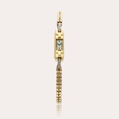 View full screen - View 1 of Lot 461. A yellow gold rectangular bracelet watch, Circa 1940.