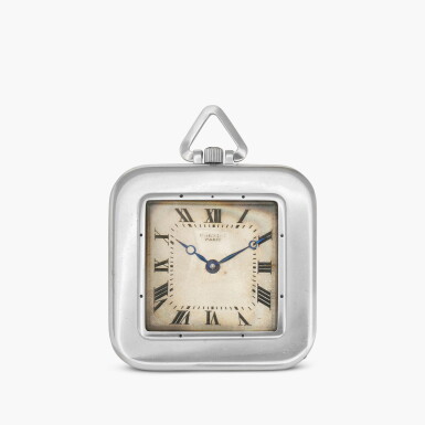 View full screen - View 1 of Lot 2468. Carrée | A rare platinum cushion-form openface keyless lever watch with diamond-set GR monogram, Circa 1914.