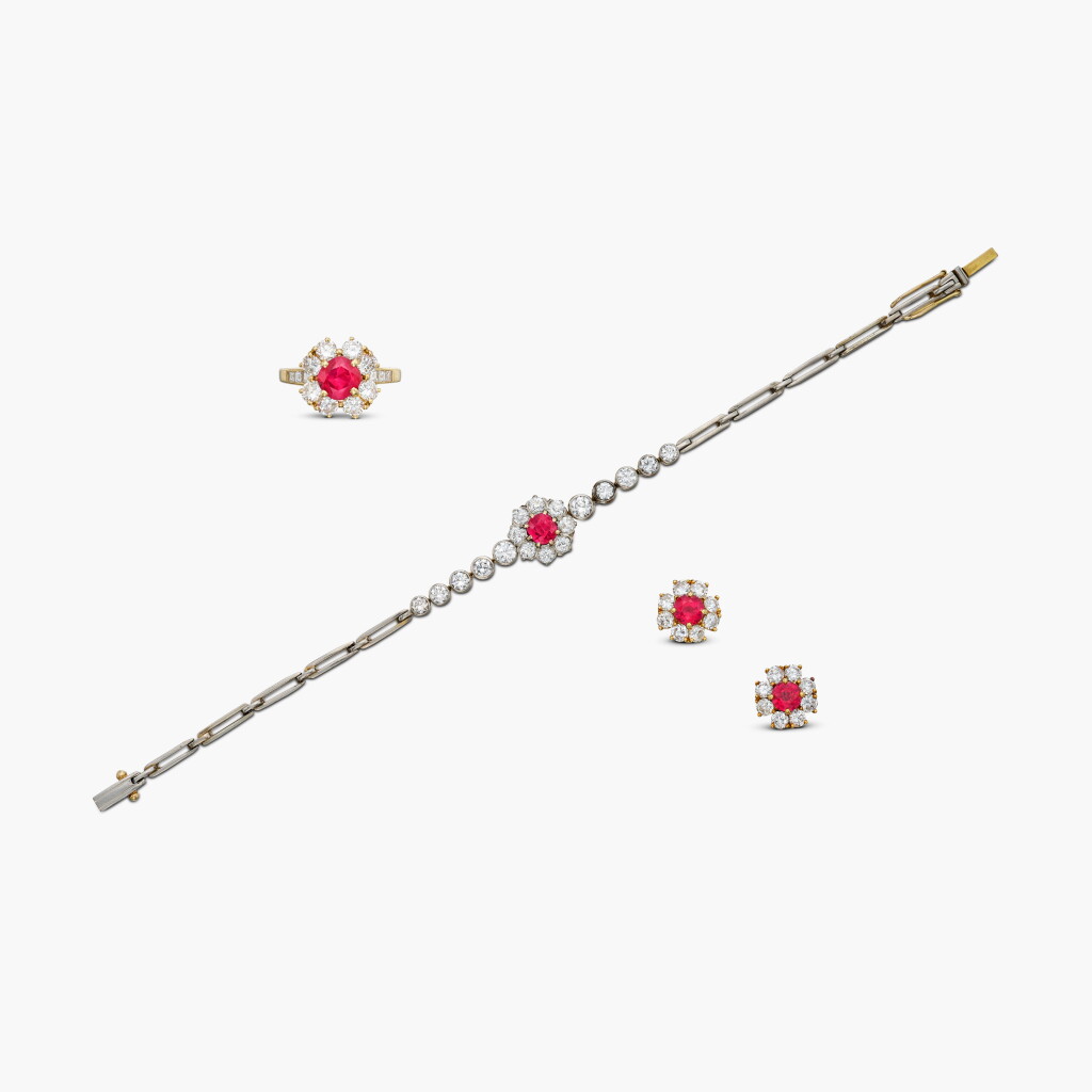 View full screen - View 1 of Lot 279. Ruby and Diamond Ring, Garrard, Bracelet and Pair of Earrings .