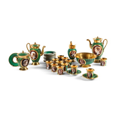 View full screen - View 1 of Lot 148. A Paris (Schoelcher factory) porcelain green-ground ‘cameo’ tea and coffee service, circa 1815.