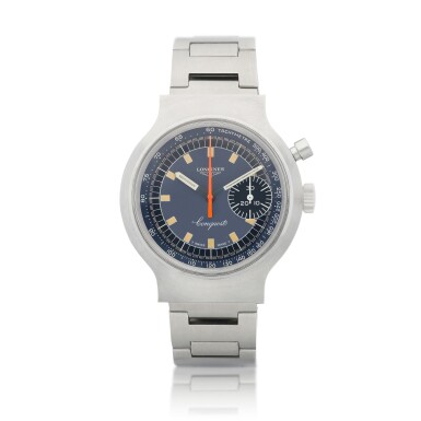 View full screen - View 1 of Lot 8125. Conquest, Reference 8614 | A stainless steel single button chronograph wristwatch with bracelet, Made for the Munich Olympic Games, Circa 1972 | 浪琴 | Conquest 型號8614 | 精鋼單按鈕計時鏈帶腕錶,為慕尼黑奧運而製,約1972年製.