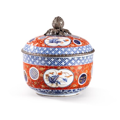 View full screen - View 1 of Lot 851. A French silver-mounted Imari porcelain circular tureen with cover, the porcelain, Japan, late 17th-early 18th century, the silver mounts, apparently unmarked, probably Paris 1717-1722.