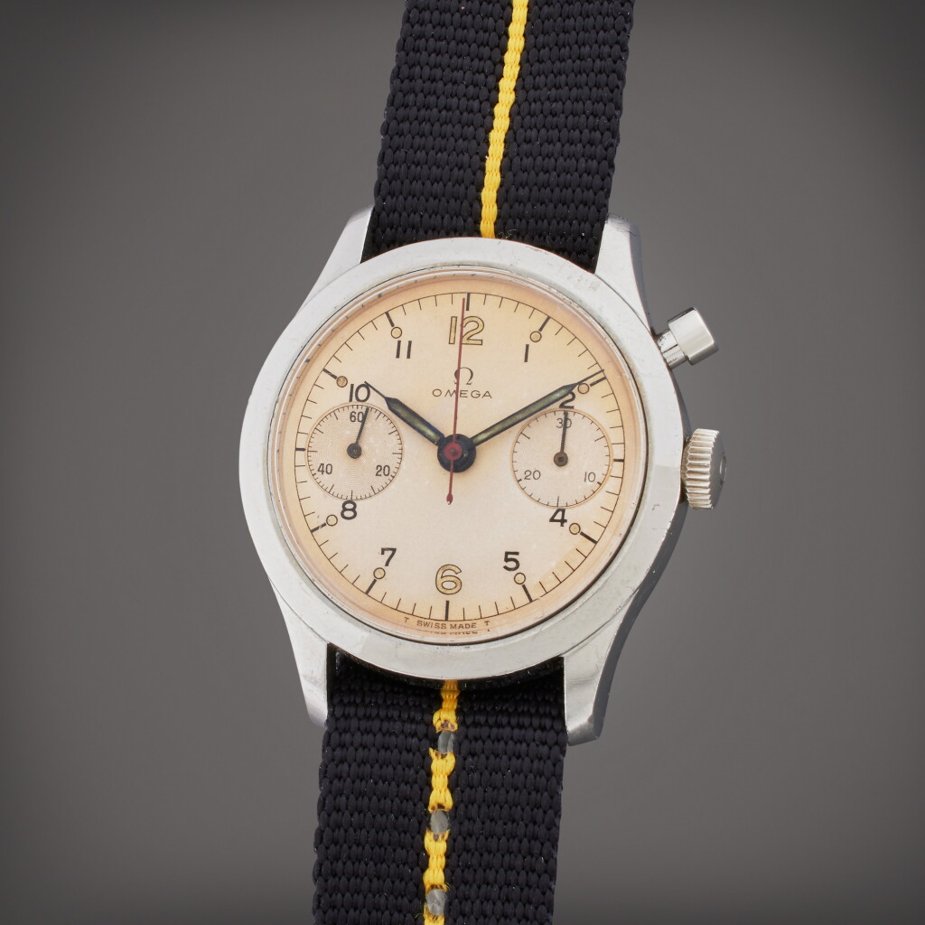 View full screen - View 1 of Lot 119. Reference 34/62 | A rare stainless steel single button chronograph wristwatch with hacking seconds, Made for the Royal Canadian Air Force, Circa 1960.