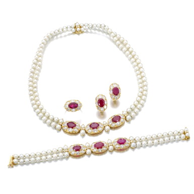 View full screen - View 1 of Lot 505. RUBY, CULTURED PEARL AND DIAMOND PARURE.