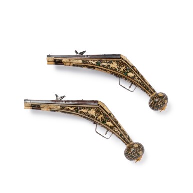 View full screen - View 1 of Lot 116. A pair of German Renaissance wheellock holster puffer pistols by Peter Danner, Nuremberg, circa 1580s | Paar Renaissance-Radschlosspuffer von Peter Danner, Deutschland, Nürnberg, circa 1580er.