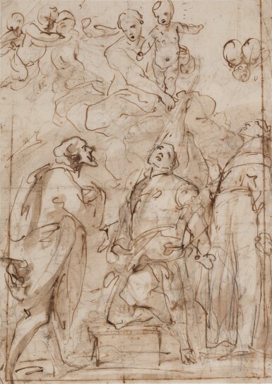View full screen - View 1 of Lot 736. Recto: The Madonna and Child adored by three Saints Verso: A compositional study.
