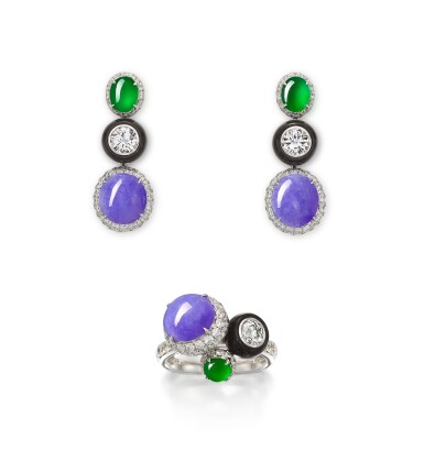 View full screen - View 1 of Lot 1728. LAVENDER JADEITE, JADEITE, ONYX AND DIAMOND DEMI-PARURE | 天然紫羅蘭翡翠, 翡翠 配 縞瑪瑙 及 鑽石 耳環及戒指套裝.