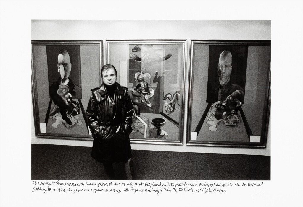 View full screen - View 1 of Lot 38. Francis Bacon with his Triptych 1976 at the George Bernard Gallery, Paris, 1977 | Francis Bacon avec son Triptyque 1976 à la Galerie George Bernard, Paris, 1977.