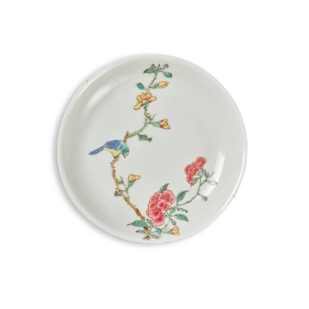 View full screen - View 1 of Lot 824. A small ruby-back famille-rose 'bird and flower' dish, Qing dynasty, Yongzheng period | 清雍正 外胭脂紅內粉彩花鳥紋小盤.