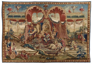 View full screen - View 1 of Lot 9. ‘Audience with the Emperor’, A Louis XIV tapestry, from the series The Story of the Emperor of China, French, Beauvais Manufactory woven late 17th/early 18th century, after designs of 1685-1690 by Jean-Baptiste Monnoyer (1636-1699), Guy Vernansal (1648-1729) and Jean Baptiste Belin de Fontenay (1653-1715.