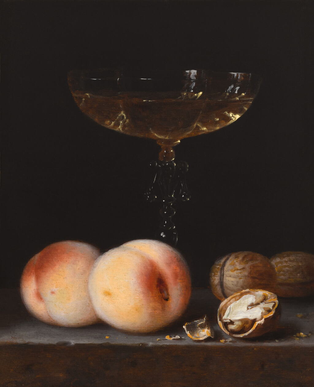 View full screen - View 1 of Lot 134. Still life with peaches, walnuts and a façon de Venise wine glass.