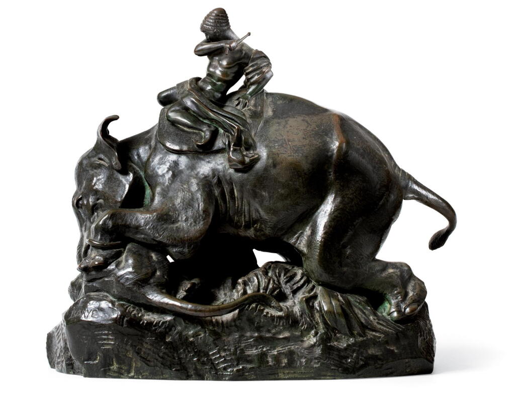 View full screen - View 1 of Lot 15. ANTOINE-LOUIS BARYE | INDIEN MONTÉ SUR UN ÉLÉPHANT ÉCRASANT UN TIGRE (MAN ON AN ELEPHANT CRUSHING A TIGER).