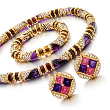 View full screen - View 1 of Lot 216. Gem set and diamond demi-parure and a pair of gem set and diamond ear clips.