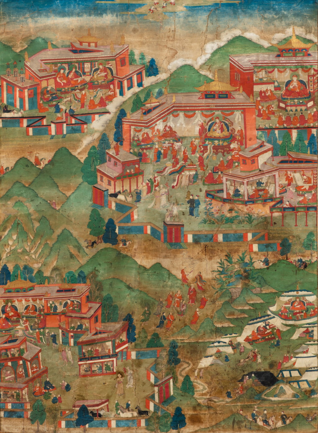 View full screen - View 1 of Lot 13. A rare and important thangka depicting episodes from the life of Ngorpa Rinchen Gyaltsen, Tibet, 18th century | 西藏 十八世紀 薩迦哦派仁欽堅贊生平畫傳唐卡 設色布本.