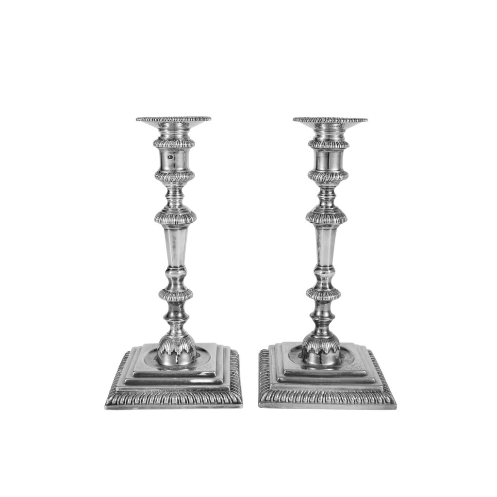 View full screen - View 1 of Lot 538. A Pair of George II Silver Table Candlesticks, Maker's Mark W.P. in Rectangle, London, 1758.