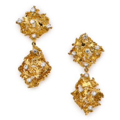 View full screen - View 1 of Lot 135. Pair of Diamond and Gold Earrings with Detachable Drops.