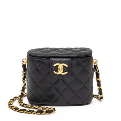 View full screen - View 1 of Lot 128. Black Quilted Caviar Chain Mini Mirror Vanity Case Gold Hardware, 1991-1994.