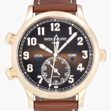 View full screen - View 1 of Lot 206. Retailed by Tiffany & Co.: Calatrava Pilot Travel Time, Reference 5524R-001 | A pink gold dual time zone wristwatch with date and dual day/night indication | Circa 2018.