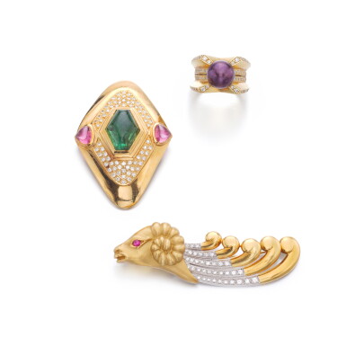 View full screen - View 1 of Lot 971. Two gem-set brooches and a cultured pearl ring.
