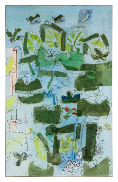 View full screen - View 1 of Lot 28. Décorations murales à L'Altana (4 panels): (i) L'obélisque (ii) La caravelle (iii) Les perroquets (iv) Le donjon Décorations murales à L'Altana (4 panneaux): (i) L'obélisque (ii) La caravelle (iii) Les perroquets (iv) Le donjon.