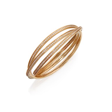View full screen - View 1 of Lot 158. Gold and Diamond 'Trinity' Bangle-Bracelet, France.