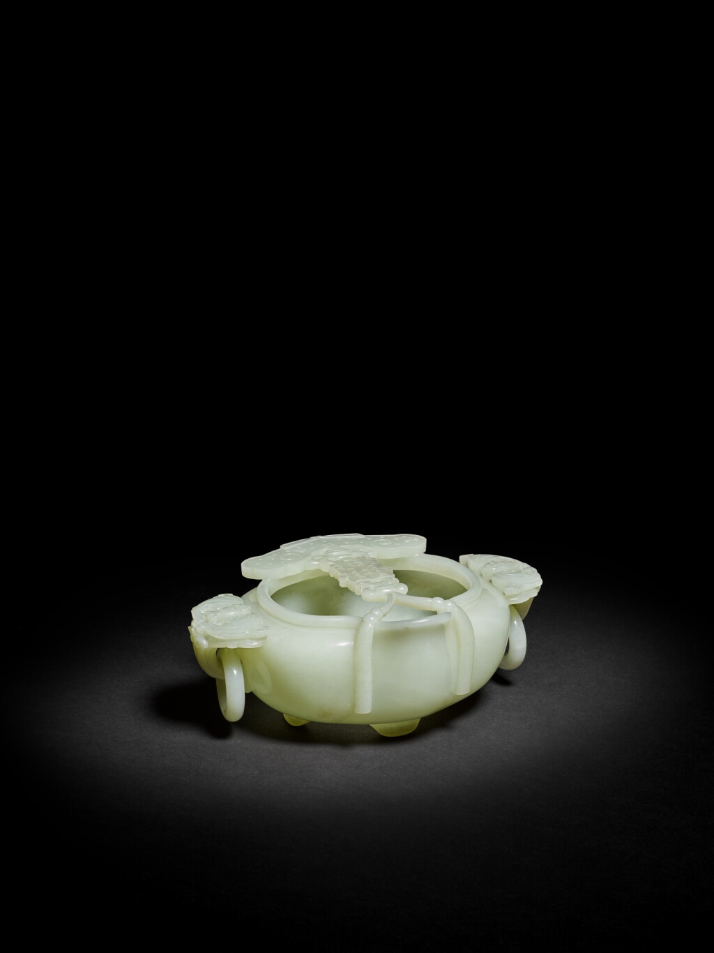 View full screen - View 1 of Lot 13. A pale celadon jade 'marriage' bowl, Qing dynasty, Qianlong period | 清乾隆 青白玉雕如意雙喜紋祥蝠耳活環洗.