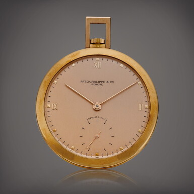 View full screen - View 1 of Lot 2001. Reference 703 | A pink gold openface watch with pink dial, Retailed by Eberhard-Milan, Made in 1939 | 百達翡麗 | 型號703 | 粉紅金懷錶,備粉紅色錶盤,由 Eberhard-Milan 發行,1939年製 .