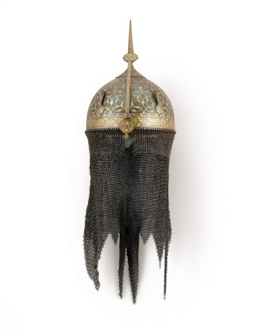 View full screen - View 1 of Lot 138. A gold-overlaid steel helmet (kuhla khud), Qajar, Persia, late 18th/19th century.