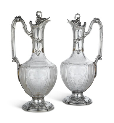 View full screen - View 1 of Lot 61. A Pair of French Silver-Mounted Cut-Glass Claret Jugs, Louis Coignet, Paris, Circa 1890.