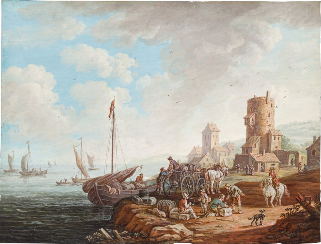 View full screen - View 1 of Lot 123. Villagers unloading a boat near a Tower.