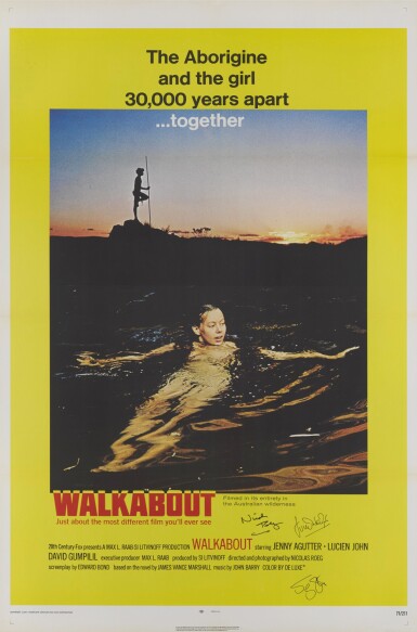 View full screen - View 1 of Lot 172. WALKABOUT (1971) POSTER, US, SIGNED BY NICOLAS ROEG; JENNY AGUTTER AND LUC ROEG.