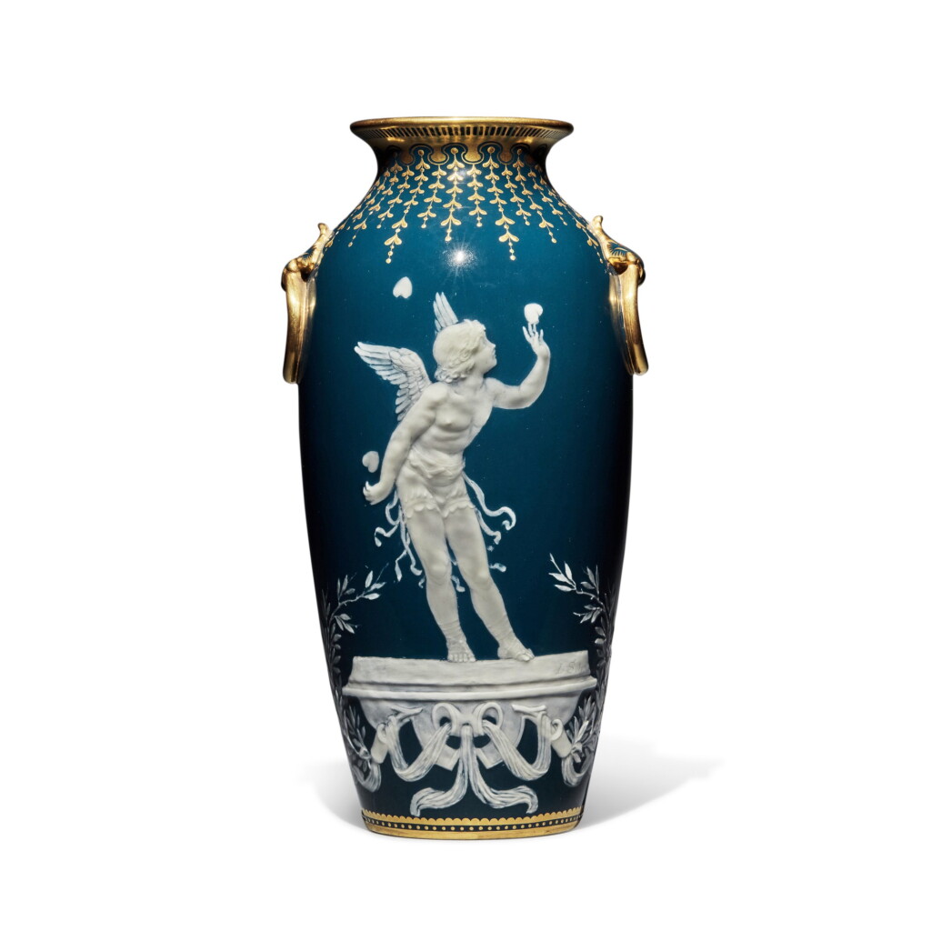 View full screen - View 1 of Lot 234. A Mintons Pâte-sur-pâte Peacock-Blue-Ground Vase by Louis Solon, 'Jugler', 1900.