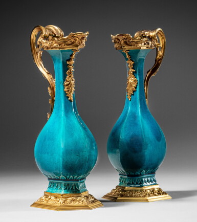 View full screen - View 1 of Lot 315. A pair of Louis XV gilt-bronze mounted Chinese blue enameled porcelain ewers, circa 1760 | Paire d’aiguières en porcelaine de Chine émaillée bleu turquoise, monture de bronze doré d’époque Louis XV, vers 1760.