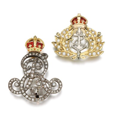View full screen - View 1 of Lot 339. Enamel and diamond brooch, and an enamel and seed pearl sweetheart brooch, early 20th century.