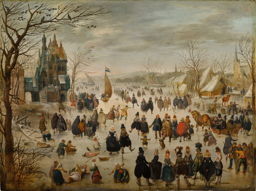 View full screen - View 1 of Lot 13. Figures skating on a frozen river, a castle beyond.