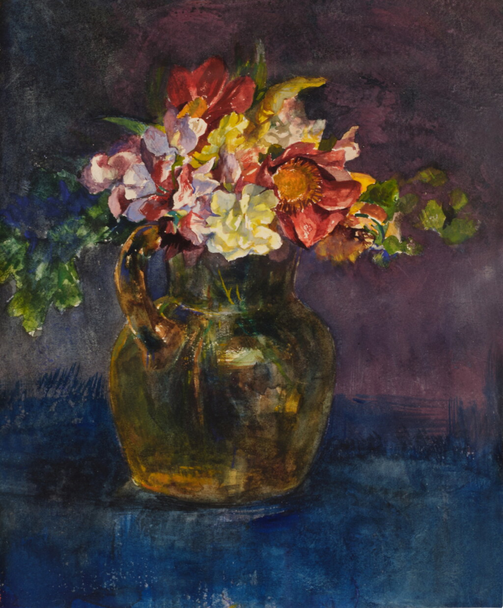View full screen - View 1 of Lot 835. Study of Autumn Flowers, in Yellow Crackle Glass Pitcher, on Table Covered with Blue Leather.